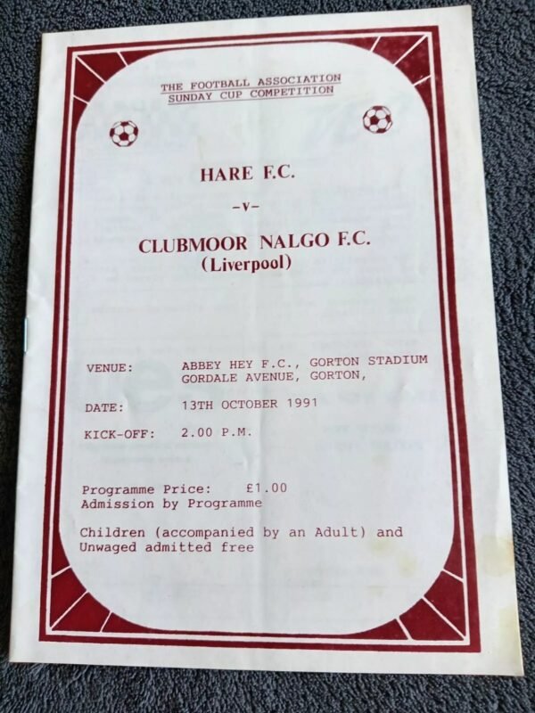 Hare FC v Clubmoor Nalgo FC (Liverpool) - Football Programme 13th October 1991